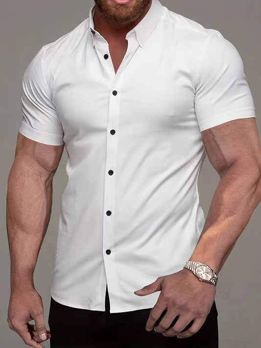 Effortless Stretch Button-Up Shirt for Women with Collar Short Sleeve Slim Fit Tailored Style