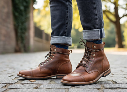 Elegant Brown Leather Ankle Boot for Women with Cap Toe Lace Up Vintage Style