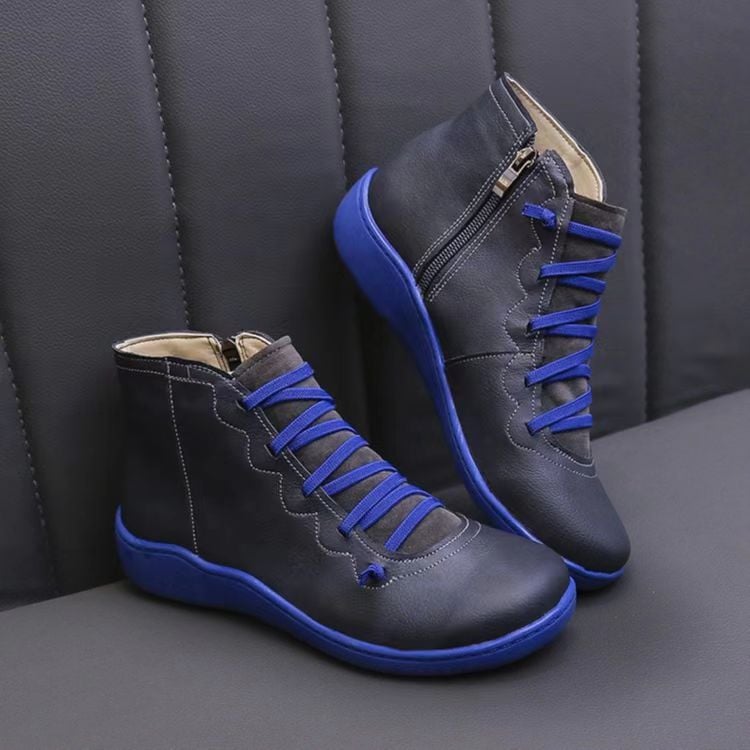 Comfortable Leather Ankle Boots for Women with Lace Up Zipper Wedge Sole Casual Style