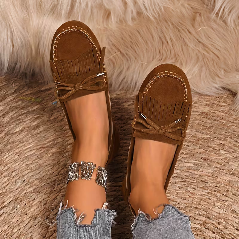 Comfortable House Shoes for Women with Fringe Bow Suede Moccasin Slip On Style