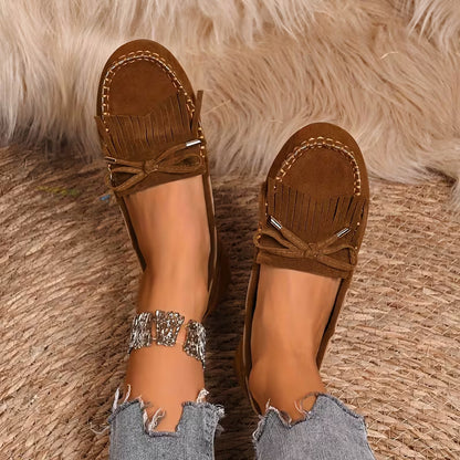 Comfortable House Shoes for Women with Fringe Bow Suede Moccasin Slip On Style