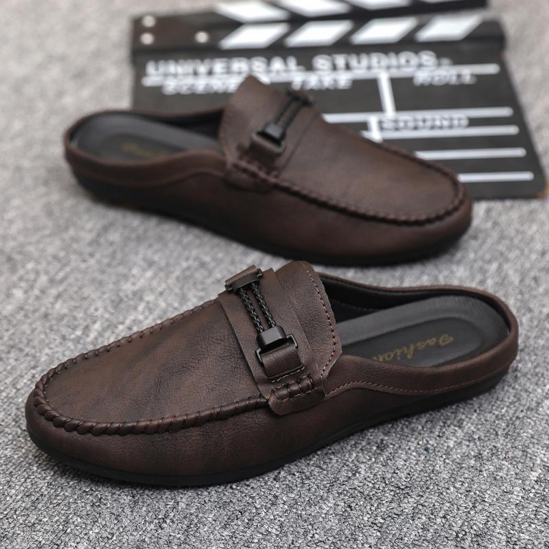 Stylish Leather Loafer Mule for Women with Moc Toe Woven Trim Buckle Strap Slip On Style