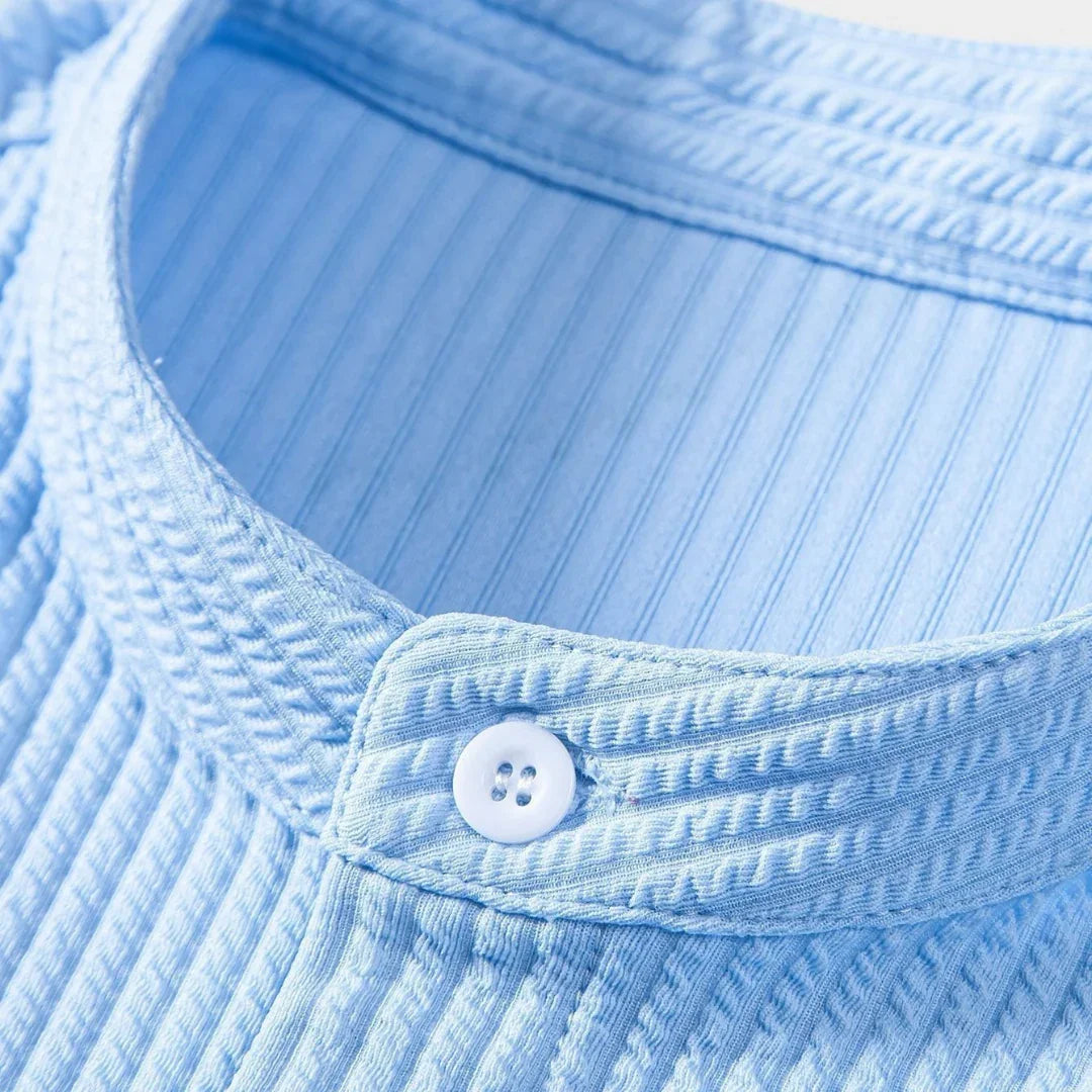 Effortless Textured Button Up Shirt for Women with Band Collar Short Sleeve Relaxed Casual Style