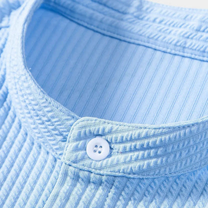 Effortless Textured Button Up Shirt for Women with Band Collar Short Sleeve Relaxed Casual Style