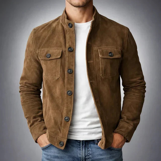Elegant Suede Jacket for Women with Stand Collar Long Sleeve Button Front Casual Style