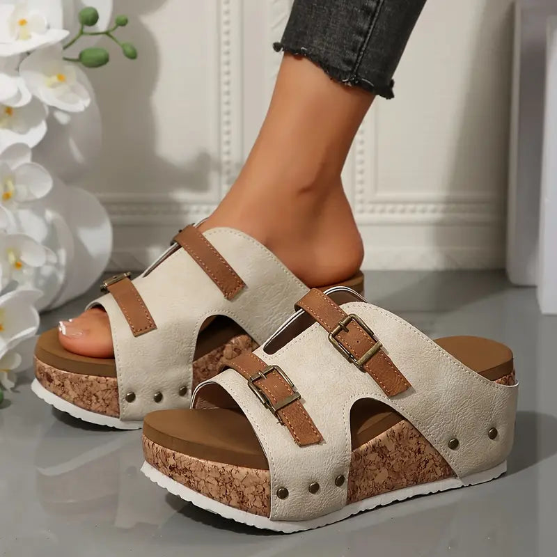 Comfortable Beige Platform Sandals for Women with Double Buckle Strap Cork Sole Open Toe Style