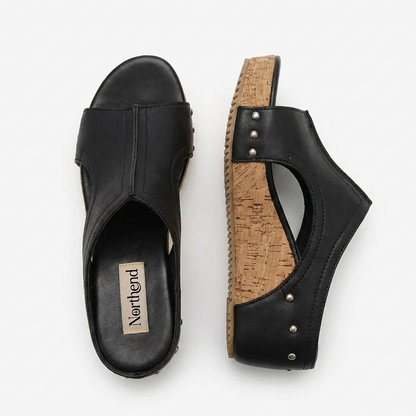 Comfortable Wedge Sandals for Women with Studded T Strap Cork Platform Peep Toe Slide Style