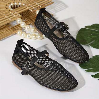 Comfortable Mary Jane Shoes for Women with Mesh Woven Buckle Strap Flat Style