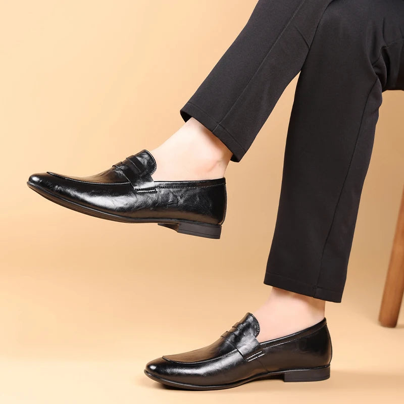 Elegant Leather Penny Loafers for Women with Strap Detail Round Toe Slip On Style