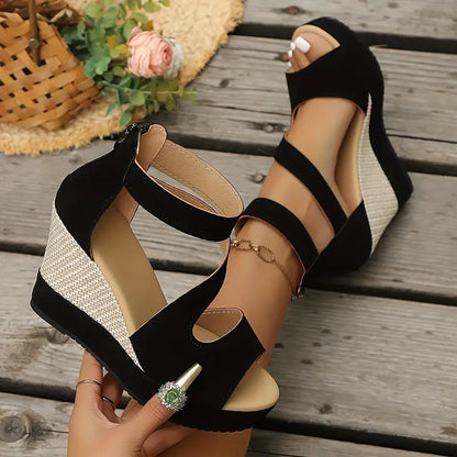 Comfortable Black Espadrille Wedge Sandals for Women with Buckle Ankle Strap Peep Toe Platform Style