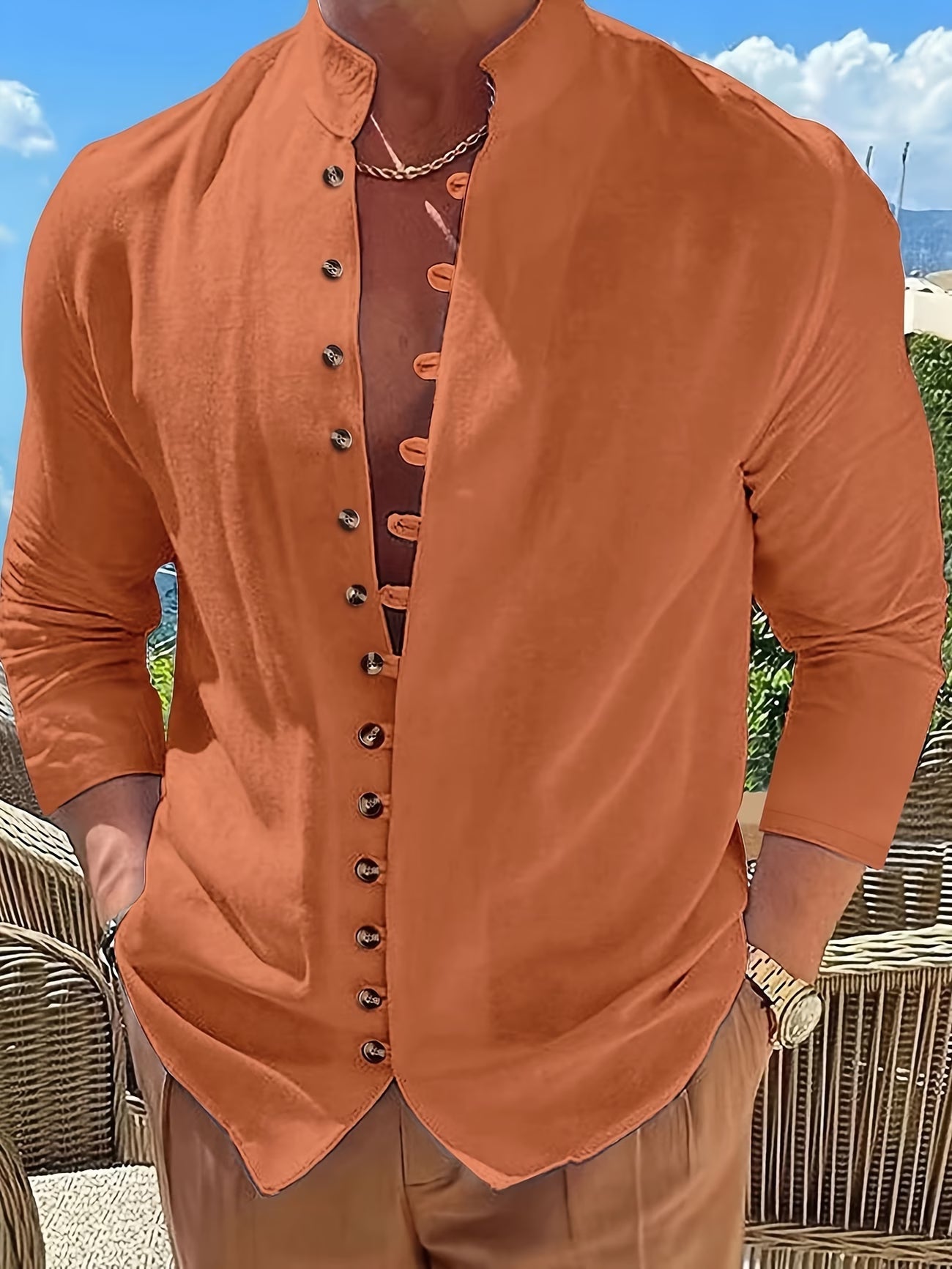 Effortless Linen Shirt for Women with Stand Collar Long Sleeve Button Front Curved Hem Casual Style