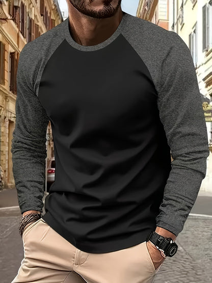 Effortless Black and Grey Colorblock Raglan Shirt for Women with Crew Neck Long Sleeve Relaxed Casual Style