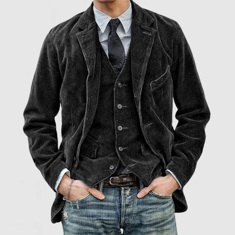Elegant Corduroy Suit Jacket for Women with Notch Lapel Long Sleeve Layered Vest Detail Casual Style