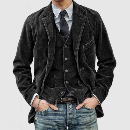 Elegant Corduroy Suit Jacket for Women with Notch Lapel Long Sleeve Layered Vest Detail Casual Style