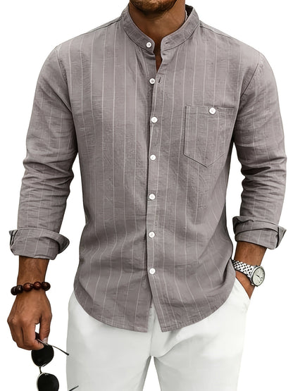 Effortless White Pinstripe Linen Shirt for Women with Band Collar Long Sleeve Button Front Relaxed Style