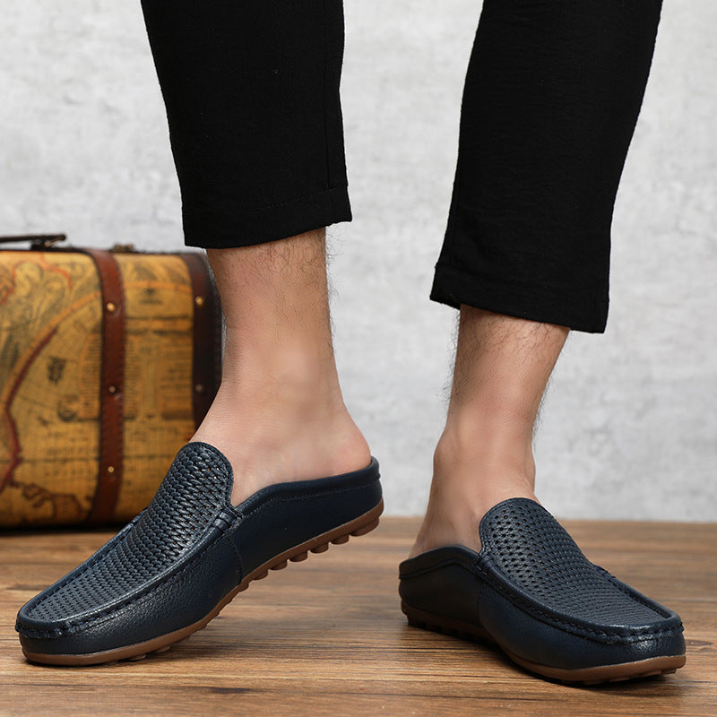Comfortable Perforated Leather Mule Loafer for Women with Backless Slip On Stitched Apron Casual Style