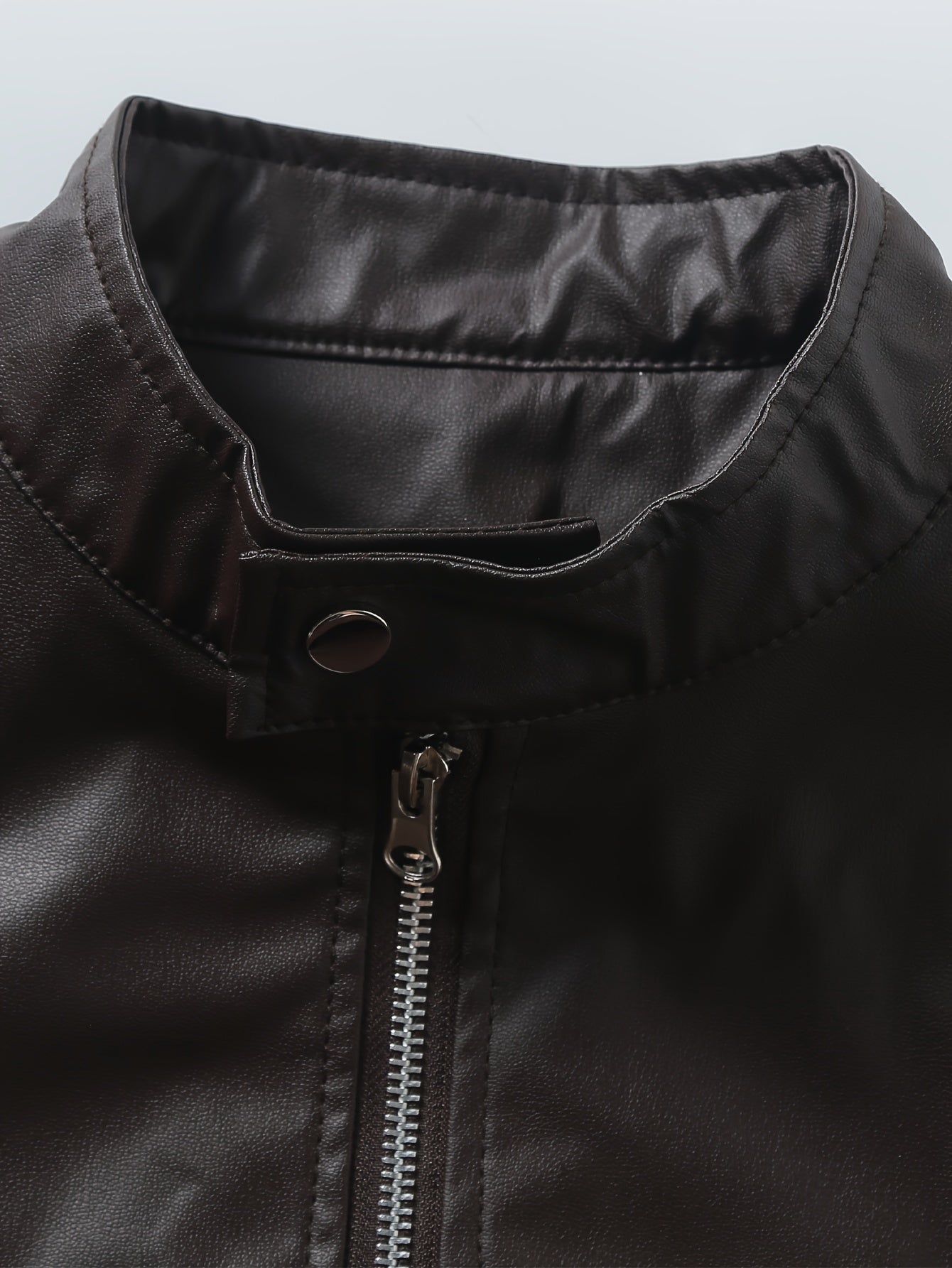 Elegant Navy Blue Faux Leather Jacket for Women with Stand Collar Long Sleeve Zip Front Moto Style
