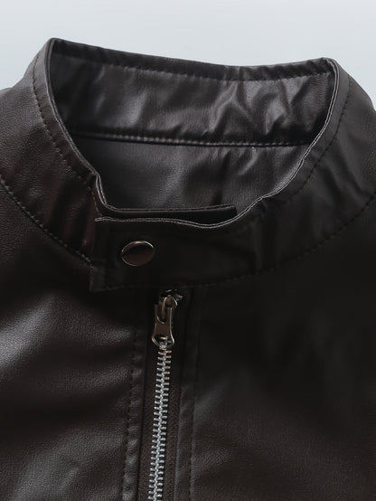 Elegant Navy Blue Faux Leather Jacket for Women with Stand Collar Long Sleeve Zip Front Moto Style