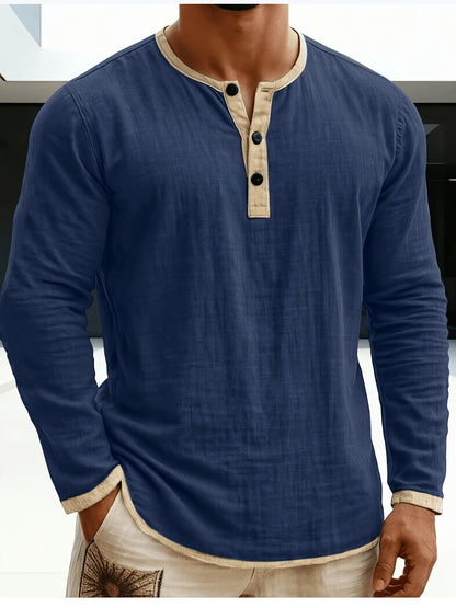 Effortless Linen Henley Shirt for Women with Contrast Trim Button Placket Long Sleeve Relaxed Style