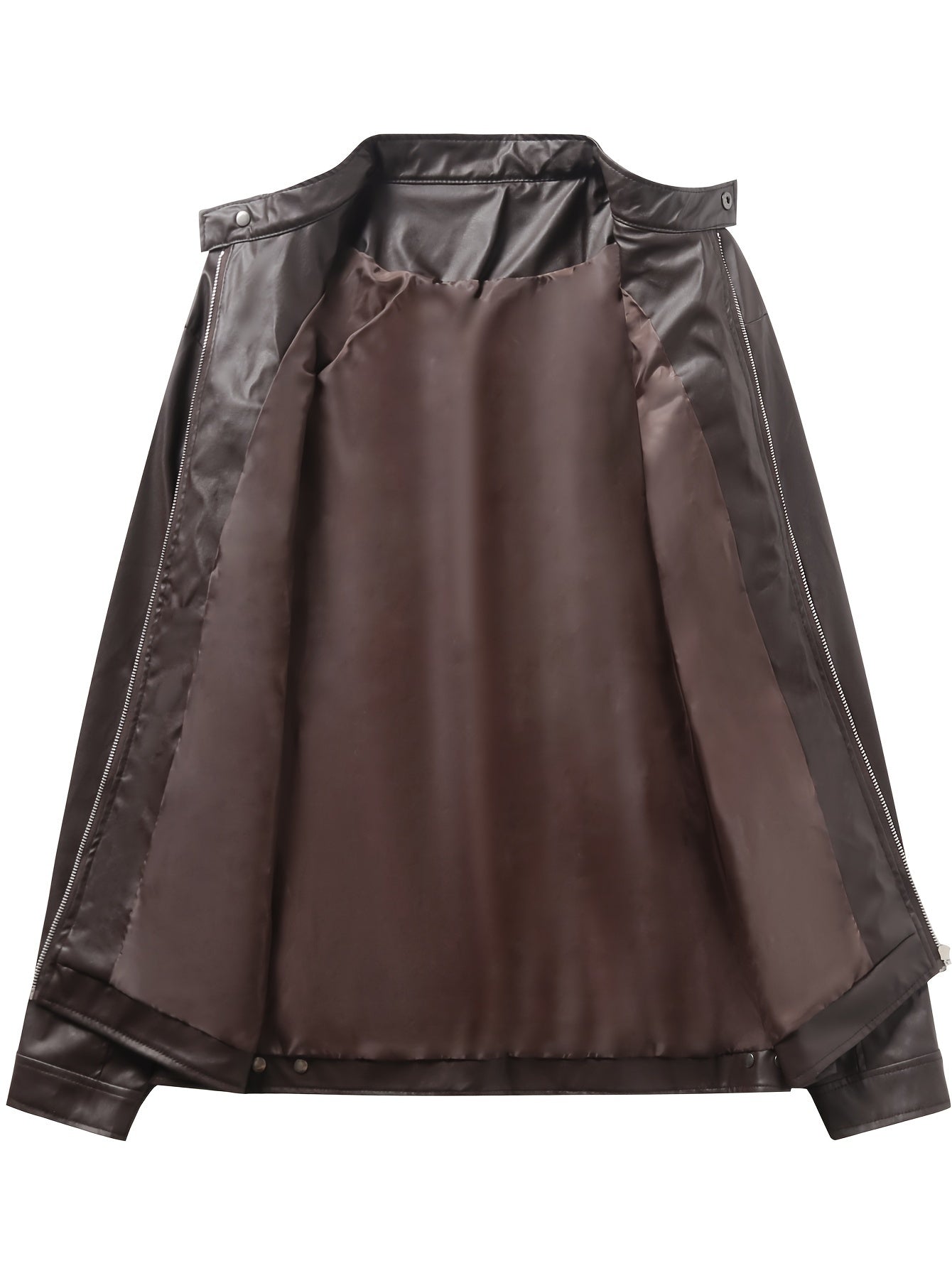 Elegant Navy Blue Faux Leather Jacket for Women with Stand Collar Long Sleeve Zip Front Moto Style