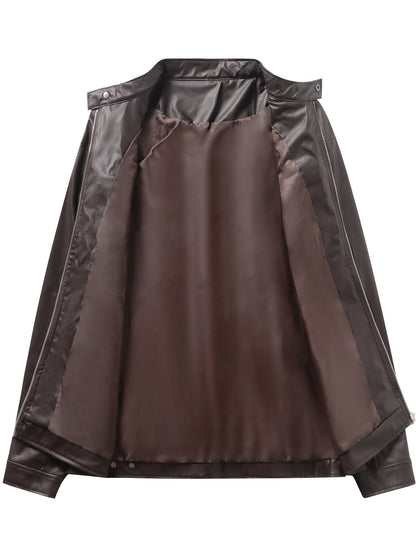 Elegant Navy Blue Faux Leather Jacket for Women with Stand Collar Long Sleeve Zip Front Moto Style