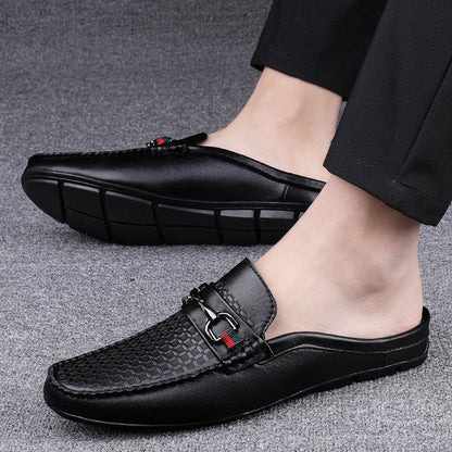 Effortless Leather Mule Loafer for Women with Horsebit Buckle Woven Panel Backless Casual Style
