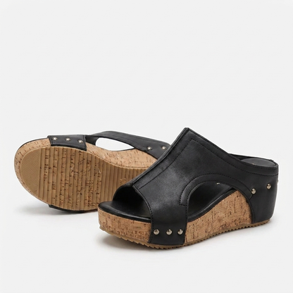 Comfortable Wedge Sandals for Women with Studded T Strap Cork Platform Peep Toe Slide Style