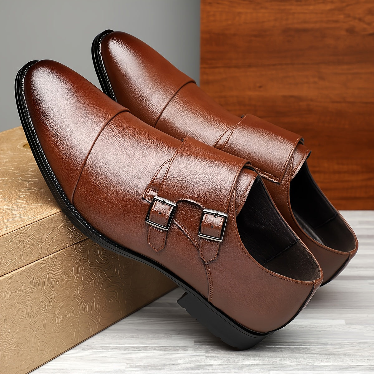 Elegant Leather Monk Strap Shoe for Women with Double Buckle Cap Toe Loafer Style