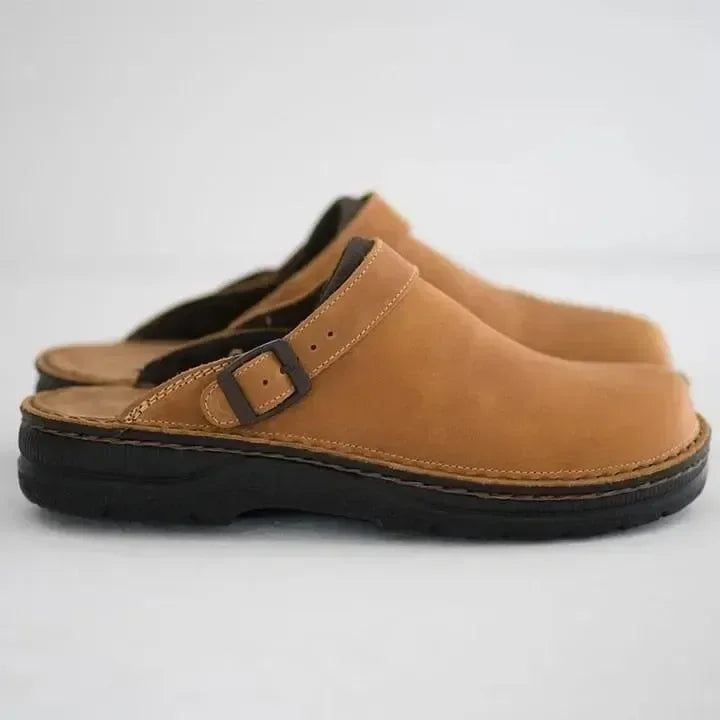 Comfortable Leather Clog Mules for Women with Round Toe Buckle Strap Backless Slip On Casual Style