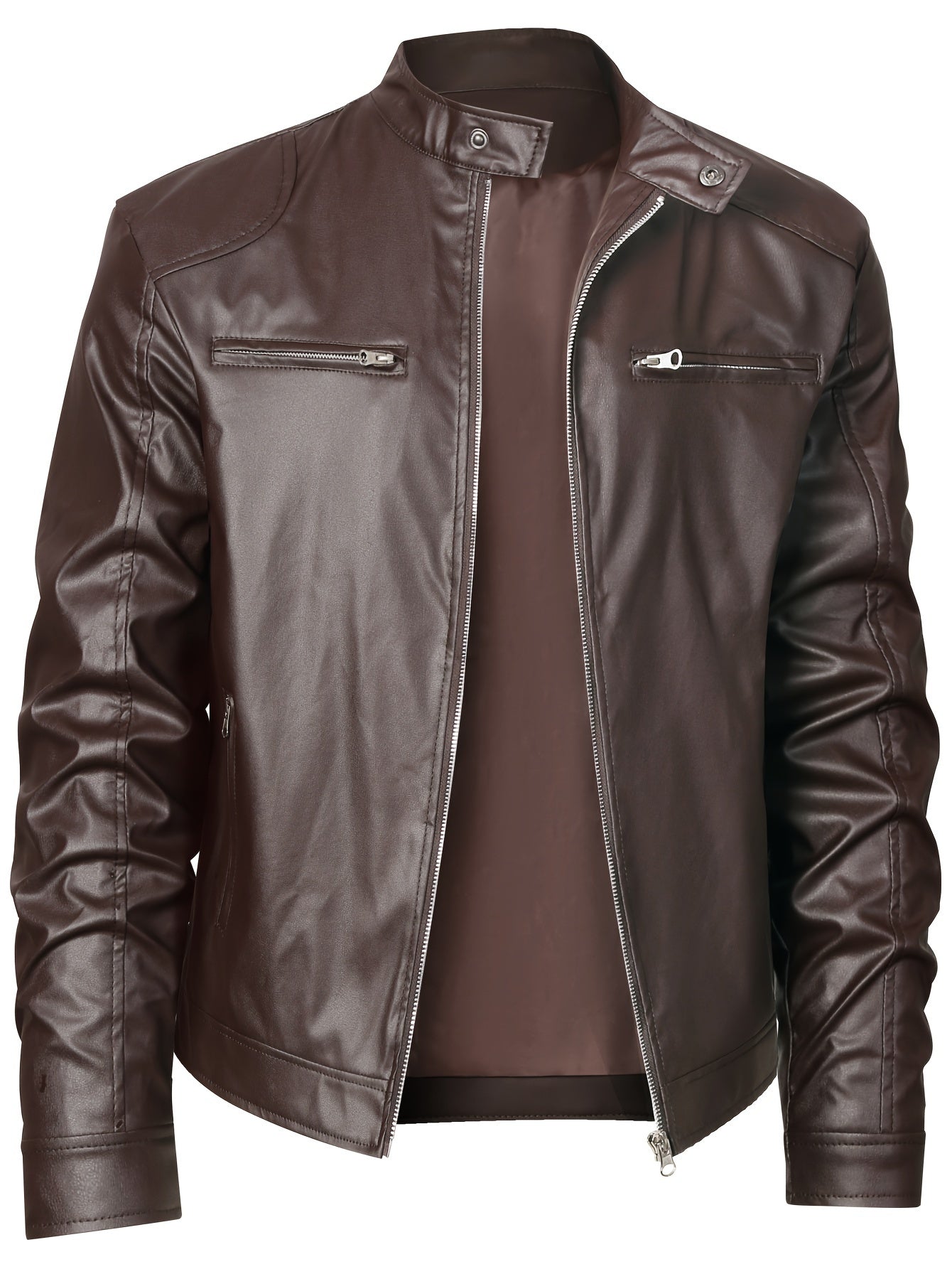Elegant Navy Blue Faux Leather Jacket for Women with Stand Collar Long Sleeve Zip Front Moto Style