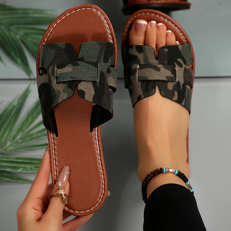 Comfortable Flat Sandals for Women with Cut Out Wide Strap Slip On Open Toe Style