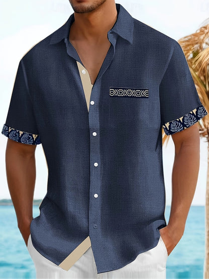Effortless Linen Blend Button Up Shirt for Women with Collar Short Sleeve Tropical Trim Relaxed Casual Style
