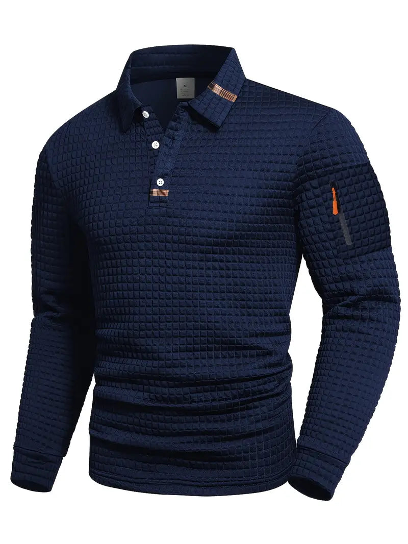 Effortless Waffle Knit Polo Shirt for Women with Collar Long Sleeve Zip Pocket Casual Style
