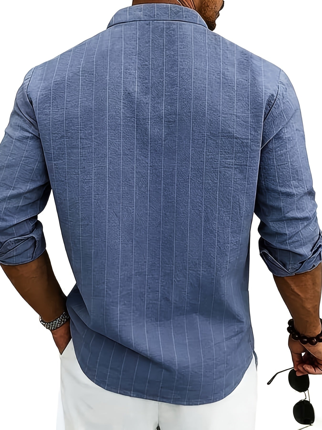 Effortless White Pinstripe Linen Shirt for Women with Band Collar Long Sleeve Button Front Relaxed Style