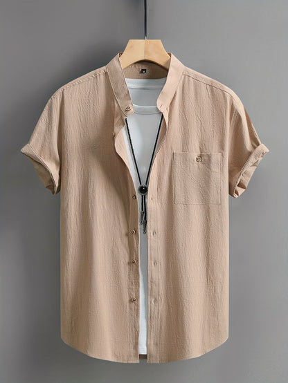 Effortless Linen Shirt for Women with Stand Collar Short Sleeve Button Front Relaxed Casual Style