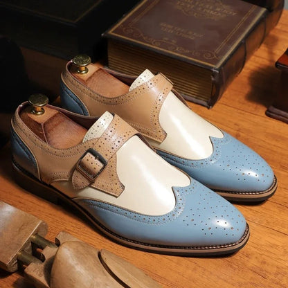 Elegant Colorblock Leather Monk Strap Shoe with Wingtip Brogue Pointed Toe Formal Style