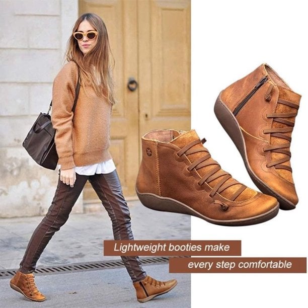 Comfortable Leather Ankle Boots for Women with Lace Up Zipper Wedge Sole Casual Style