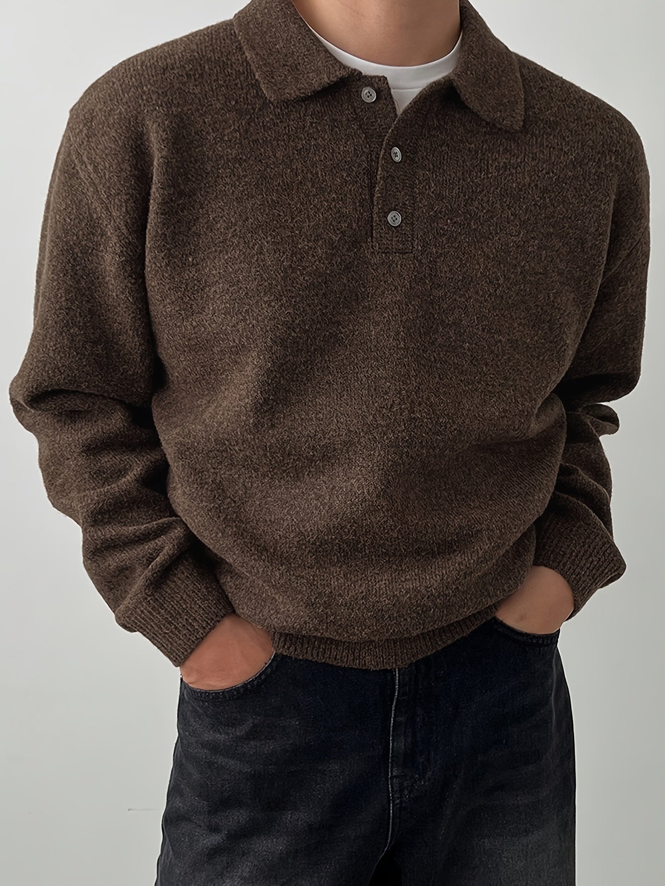 Comfortable Olive Green Knit Polo Sweater for Women with Collar Long Sleeve Button Placket Relaxed Oversized Style