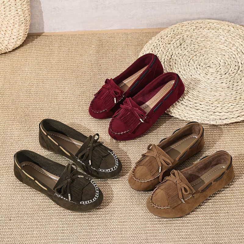 Comfortable House Shoes for Women with Fringe Bow Suede Moccasin Slip On Style
