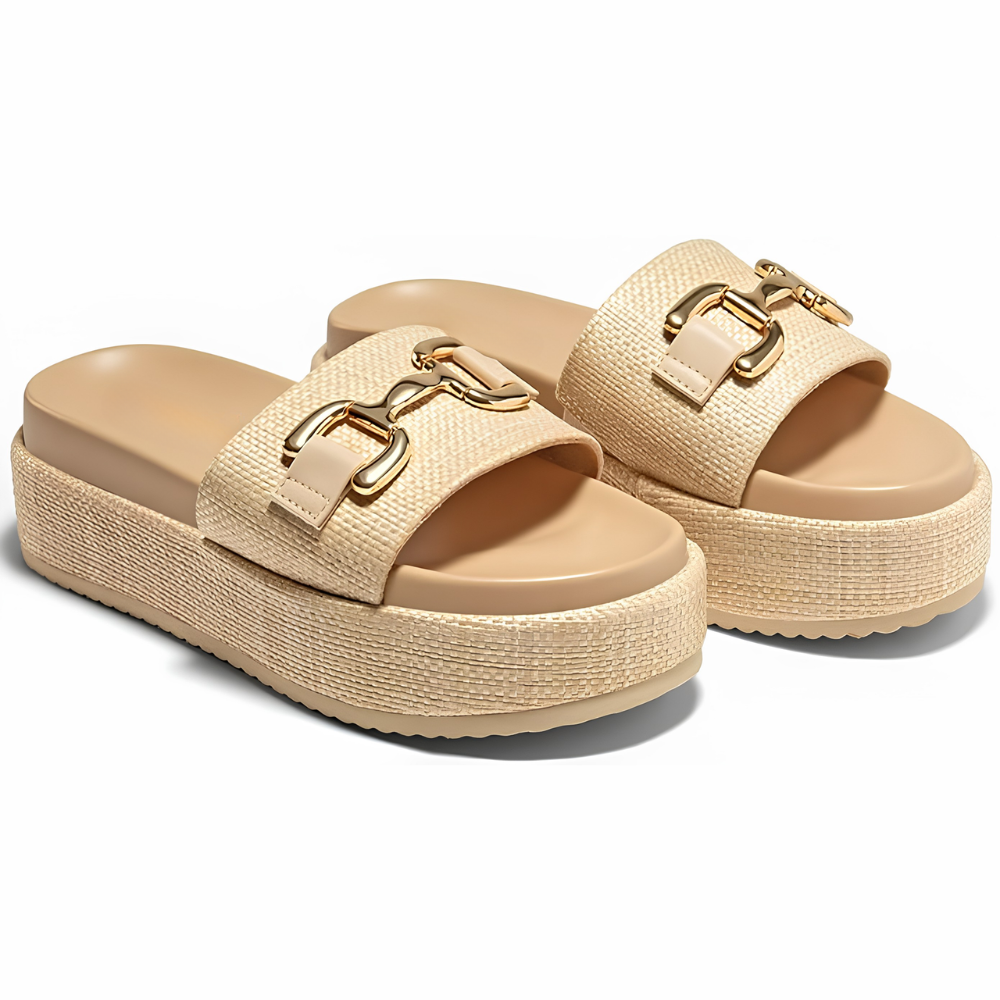 Comfortable Slide Sandals for Women with Woven Strap Gold Buckle Detail Platform Open Toe Style