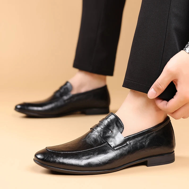 Elegant Leather Penny Loafers for Women with Strap Detail Round Toe Slip On Style