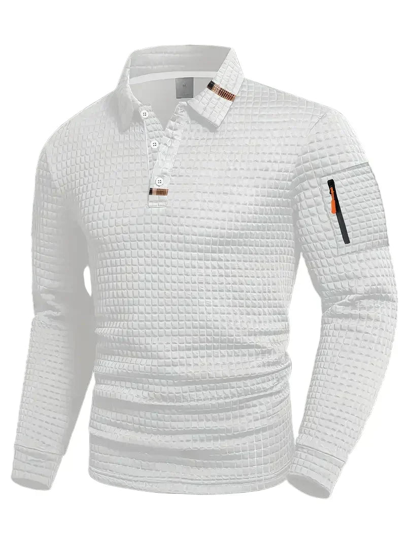 Effortless Waffle Knit Polo Shirt for Women with Collar Long Sleeve Zip Pocket Casual Style