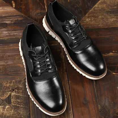 Stylish Leather Sneaker for Women with Round Toe Lace-Up Knit Panel Lug Sole Casual Style