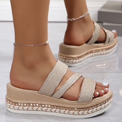Comfortable Gold Platform Sandals for Women with Double Strap Espadrille Braided Slide Style