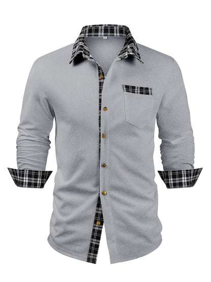 Effortless White Plaid Trim Button Down Shirt for Women with Collar Long Sleeve Chest Pocket Casual Style
