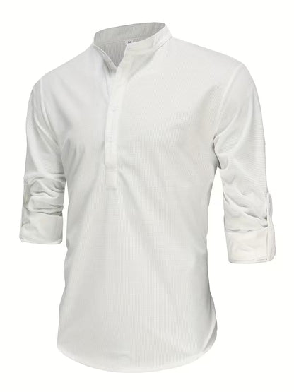 Effortless White Waffle Knit Shirt for Women with Band Collar Long Sleeve Button Placket Relaxed Style