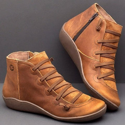 Comfortable Leather Ankle Boots for Women with Lace Up Zipper Wedge Sole Casual Style