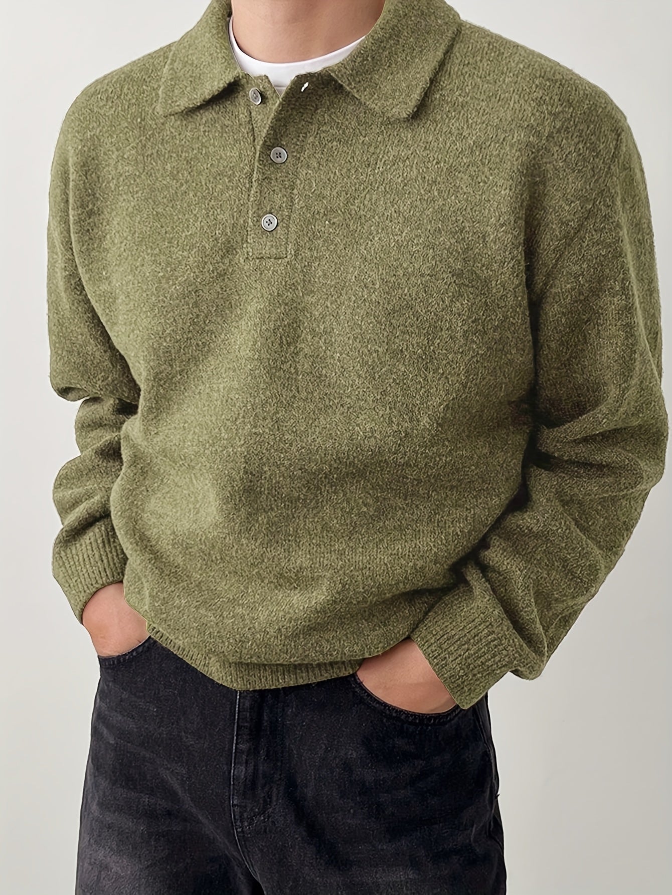 Comfortable Olive Green Knit Polo Sweater for Women with Collar Long Sleeve Button Placket Relaxed Oversized Style