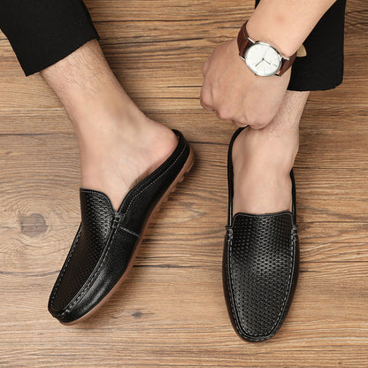 Comfortable Perforated Leather Mule Loafer for Women with Backless Slip On Stitched Apron Casual Style