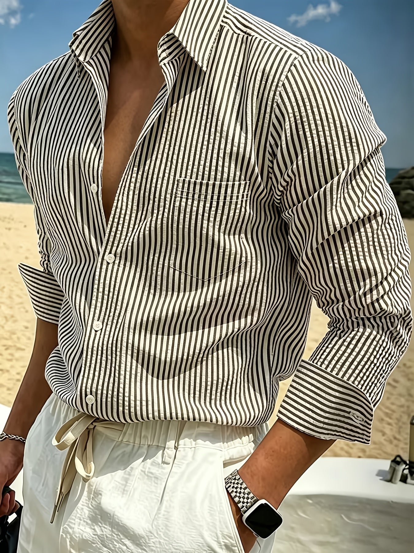 Effortless Blue Striped Cotton Button Down Shirt for Women with Collar Long Sleeve Relaxed Casual Style